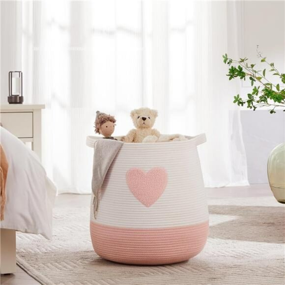 Large Pink Cotton Rope Laundry Basket Hamper Woven Storage Bin for Toys Blanket - Picture 2 of 8